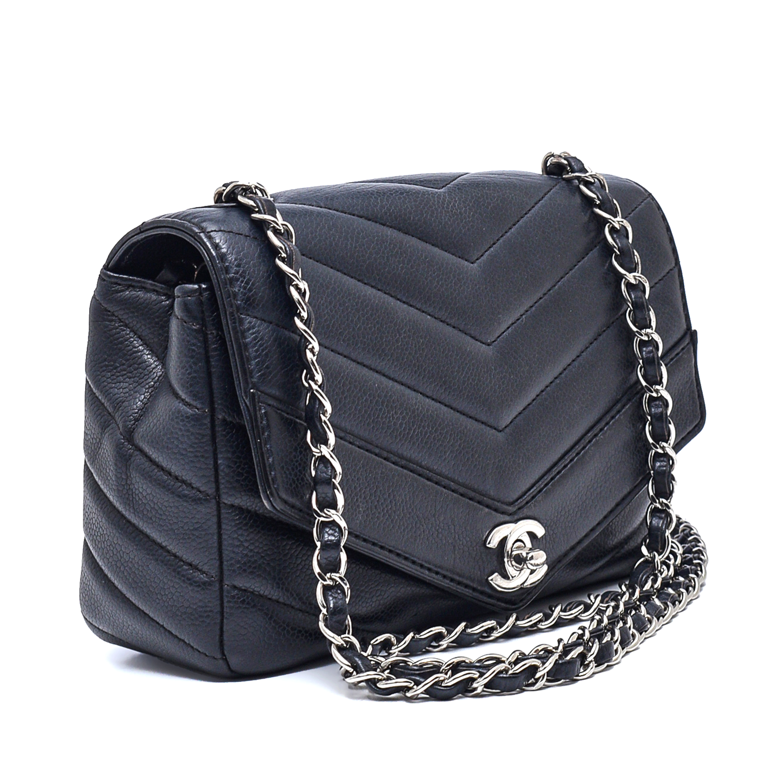 Chanel - Dark Navy Blue Caviar Chevron Leather Square Flap Bag